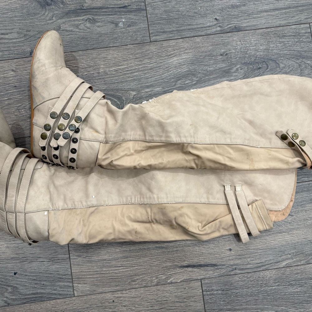 Beige Knee-High Boots with Studded Straps